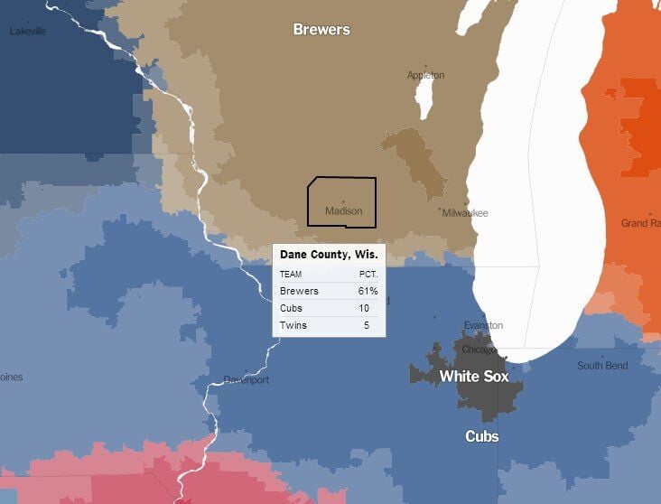 New York Times maps the support for Brewers, Cubs by ZIP code, Writers