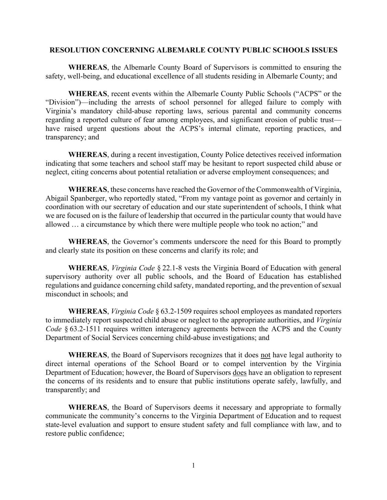 Text of Albemarle supervisors’ resolution to ACPS released | News ...