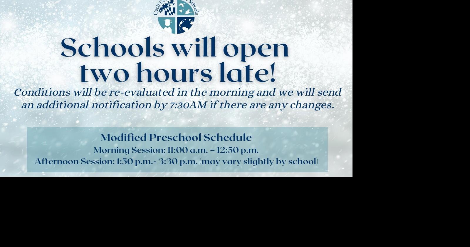 Two hour delay Thursday for Cecil County Public Schools, due to winter