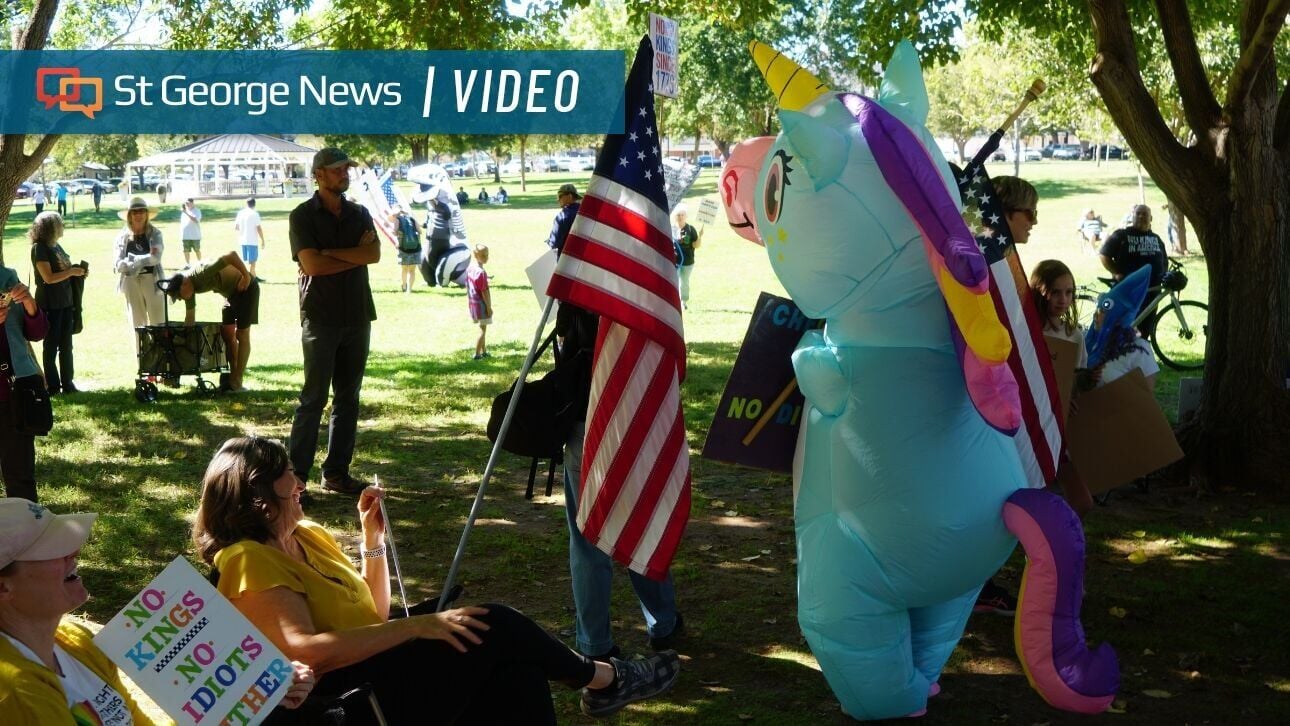 Inflatable animal costumes hide supportive message at No Kings rally in St. George