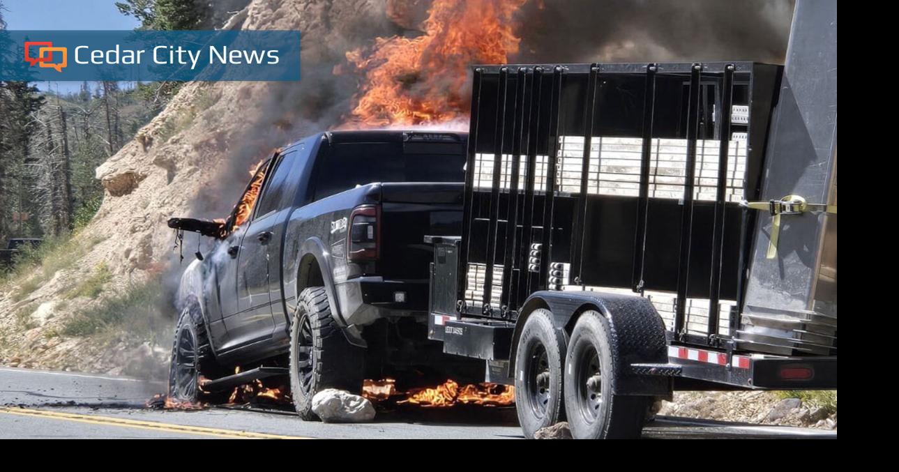 Pickup truck catches fire while pulling trailer on steep incline near ...