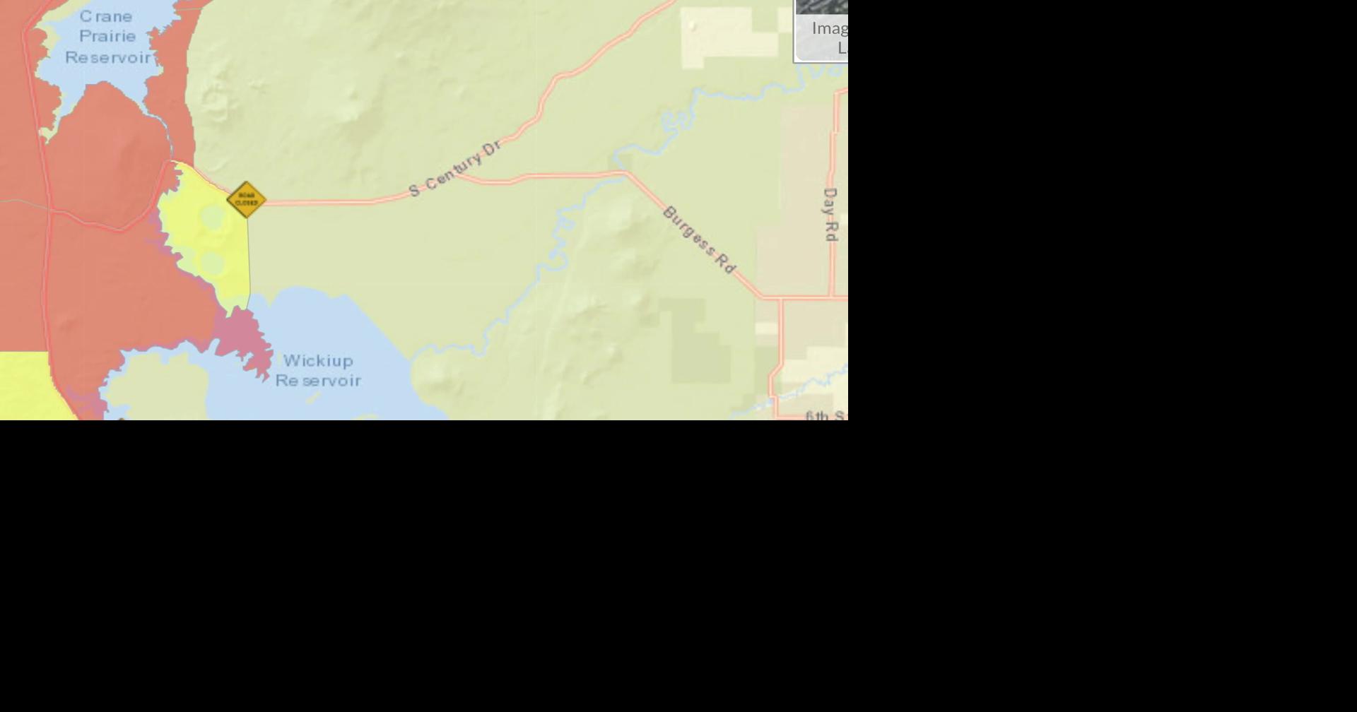 Cedar Creek Fire 4 miles from Crane Prairie; Cultus Lake buildings