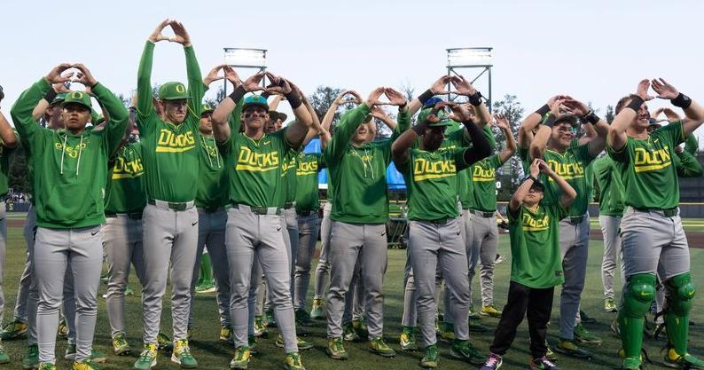 The Oregon baseball team celebrates their victory over against Washington State with fans on day two of the NCAA Eugene Regional Tournament at PK Park n Eugene May 30, 2026.