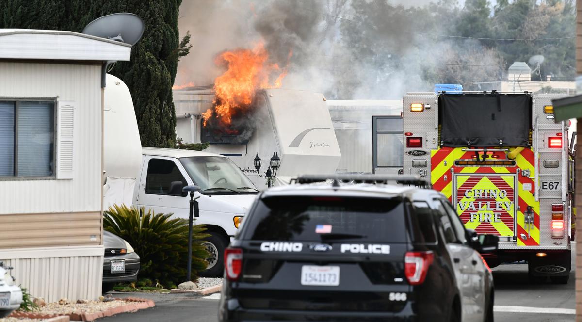 30-foot long trailer at mobile home park in Chino destroyed by fire Monday afternoon