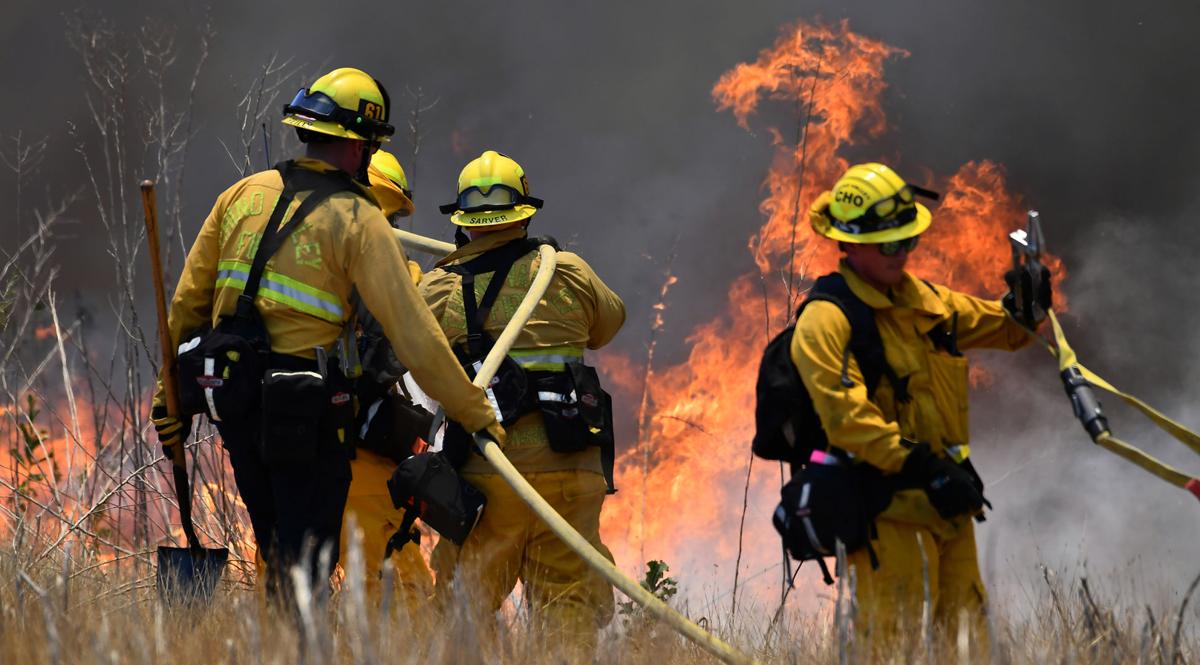 Brush fire burns 28 acres on Cucamonga Avenue south of the California Institution for Women in Chino
