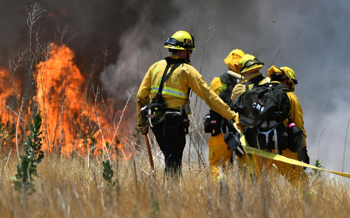 Brush fire burns 28 acres on Cucamonga Avenue south of the California Institution for Women in Chino