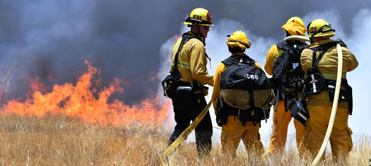 Brush fire burns 28 acres on Cucamonga Avenue south of the California Institution for Women in Chino