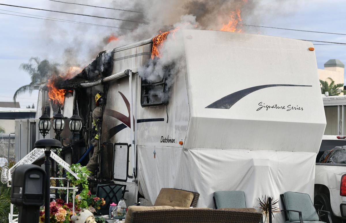 30-foot long trailer at mobile home park in Chino destroyed by fire Monday afternoon