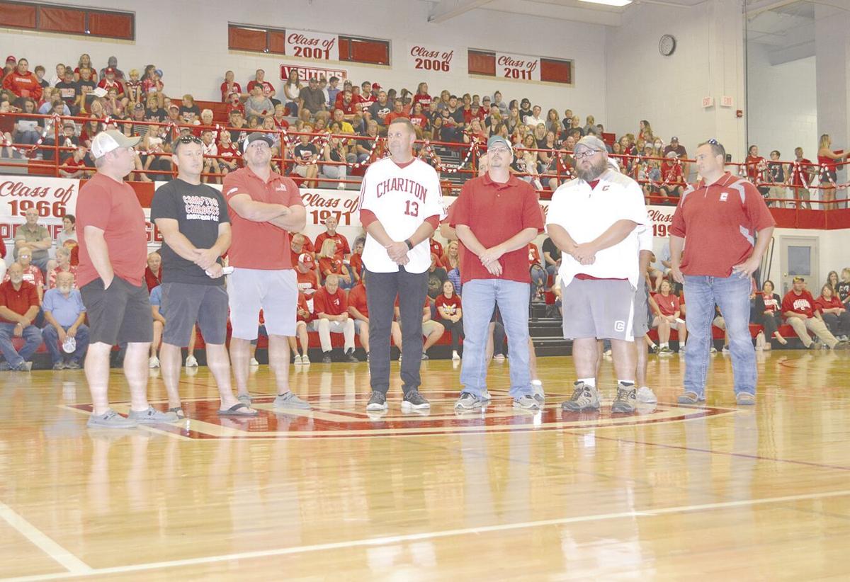 Members of the 1996 CHS State basbeall team being honored at assembly.tif