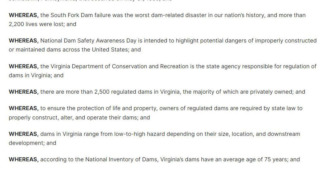 Governor Youngkin declares May 31 Dam Safety Awareness Day in Virginia - Vimarsana News
