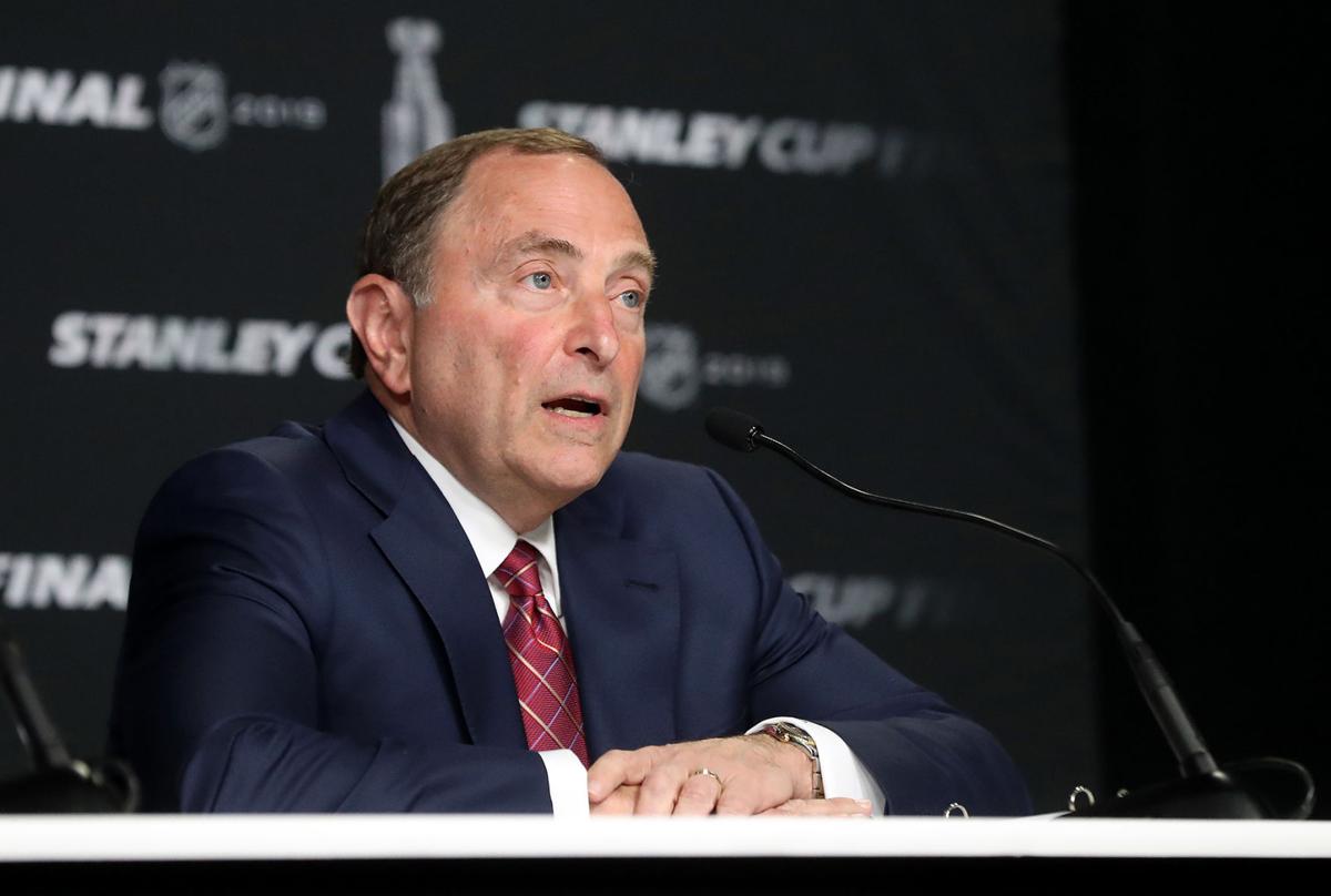 NHL Commissioner Gary Bettman speaks during a press conference prior to Game One of the 2019 NHL Stanley Cup Final between the Boston Bruins and the St. Louis Blues at TD Garden on May 27, 2019 in Boston, Ma. Bettman said the NHL will take a "hard look"...