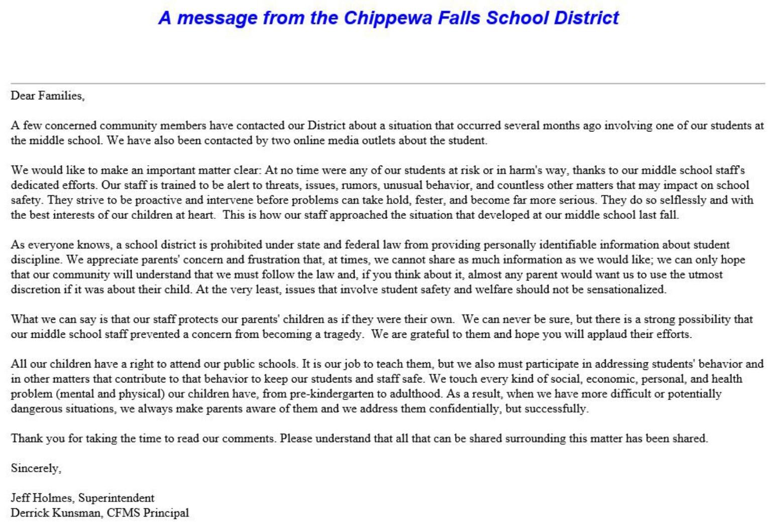 Parents learn of threat at Chippewa Falls Middle School