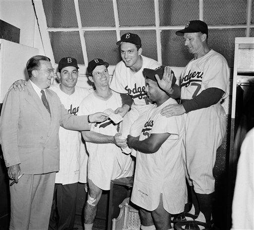 Walter O'Malley, Carl Erskine, Carl Furillo, Andy Pafko, Roy Campanella, Chuck Dressen