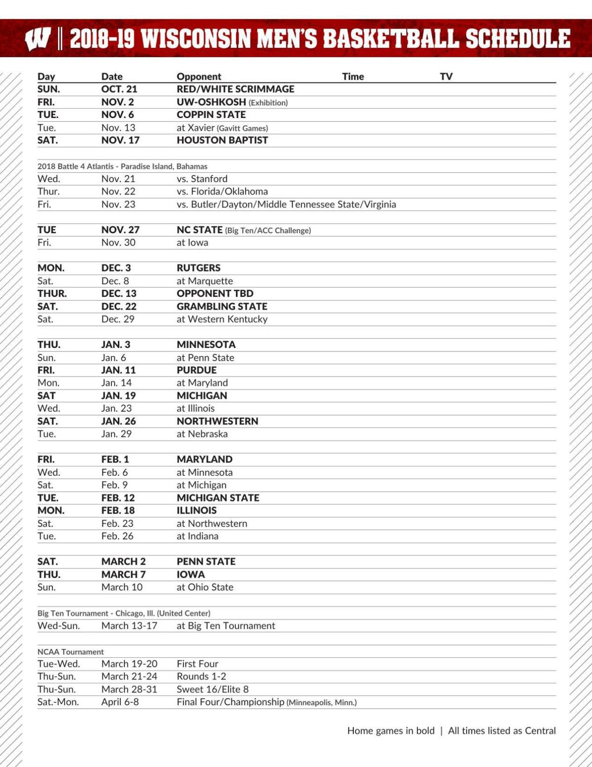 Badgers Men S Basketball Schedule Set With Big Ten Opener At Iowa Nov 30 College Basketball Chippewa Com