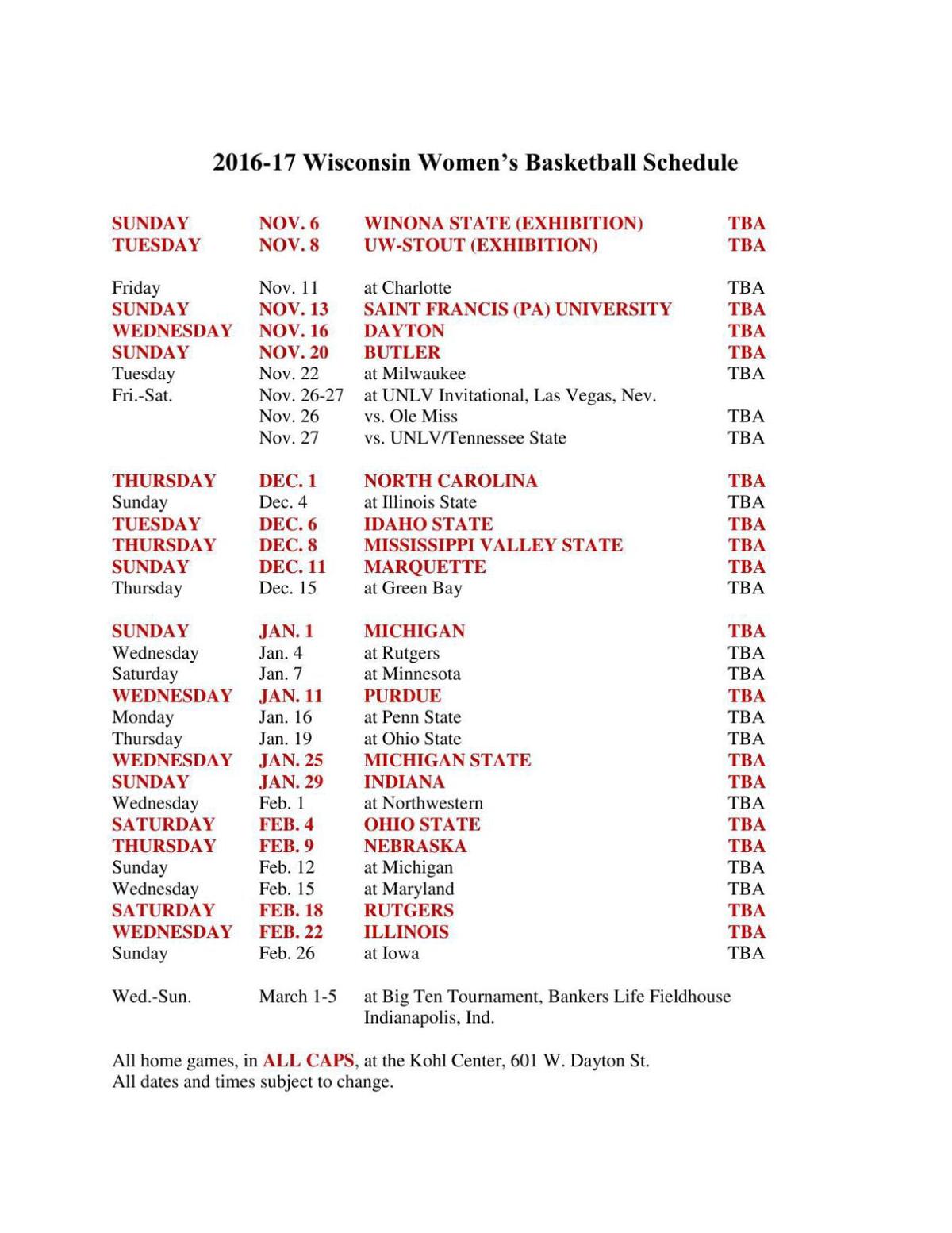 2016 17 Wisconsin Women S Basketball Schedule Chippewa Com