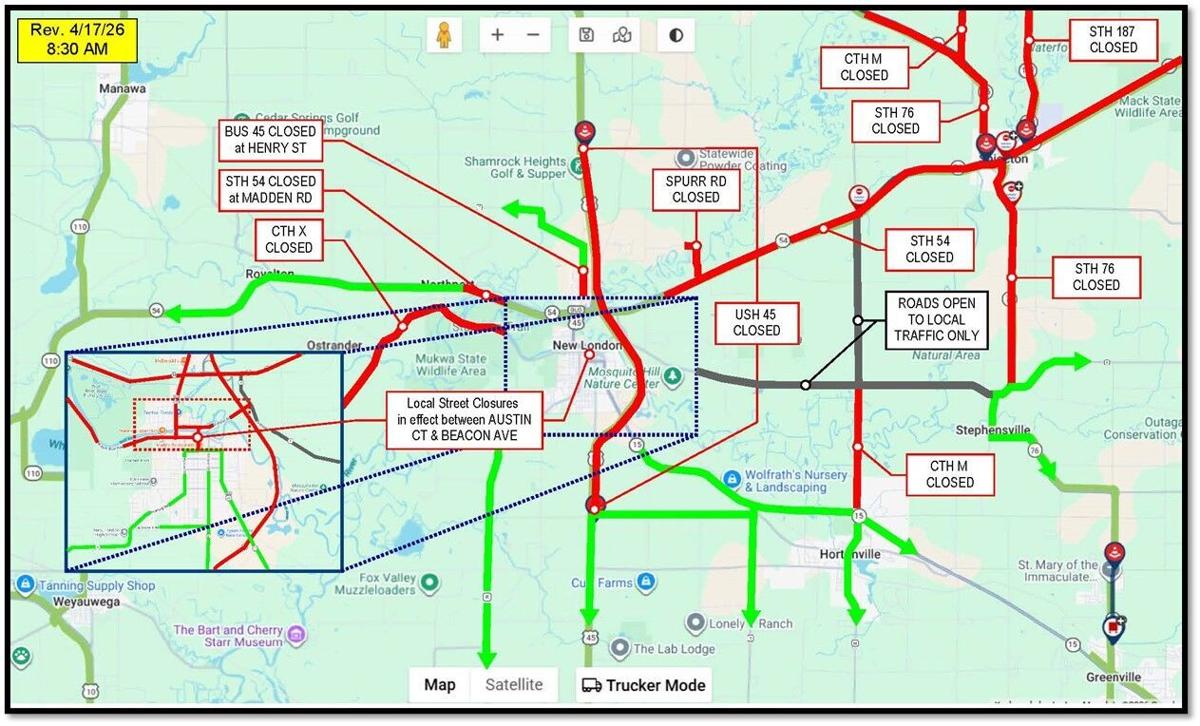 UPDATED: WIS 54 closure limits extended in Outagamie and Waupaca counties due to flooding