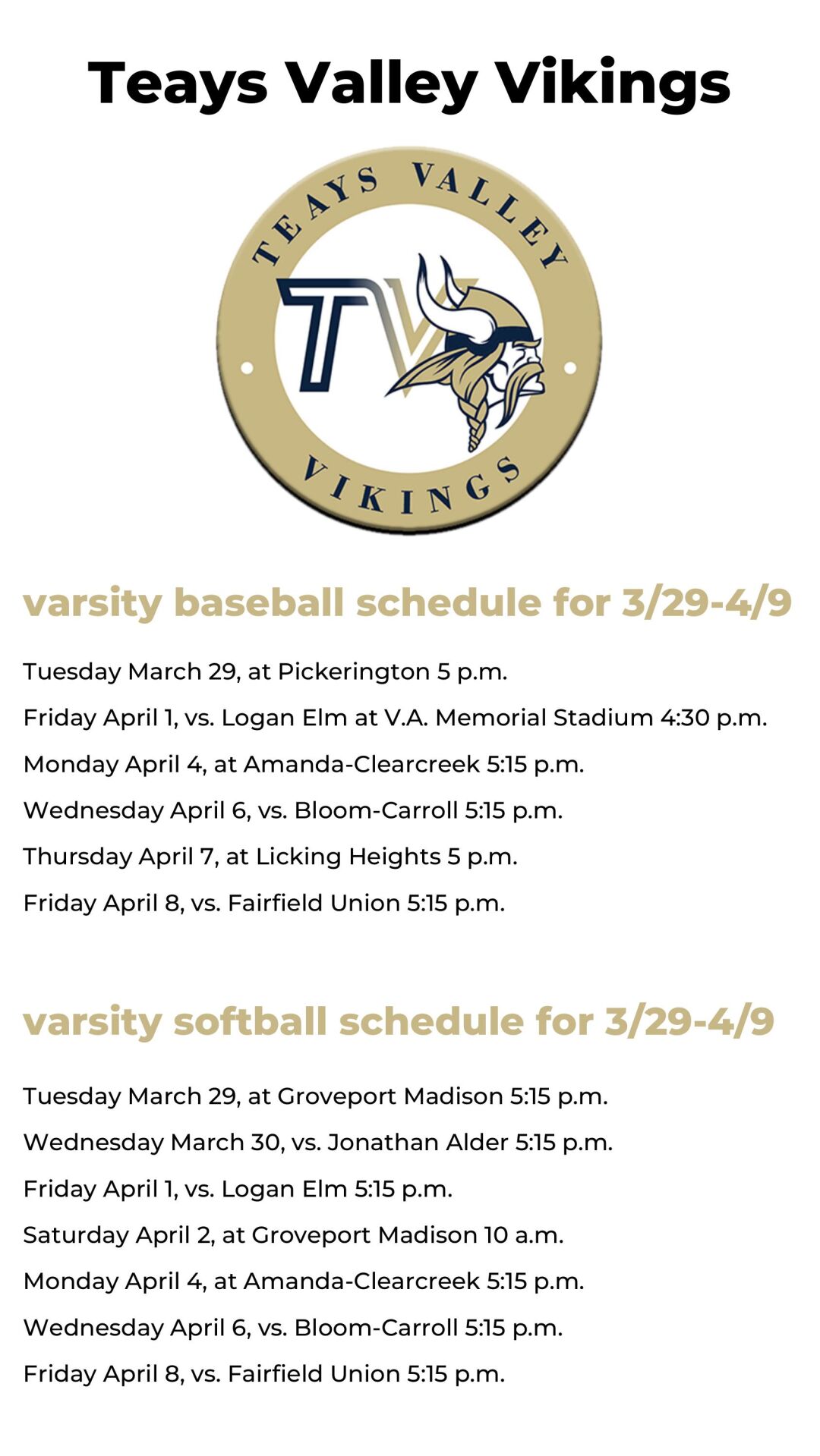 Teays Valley ballgame schedule Sports