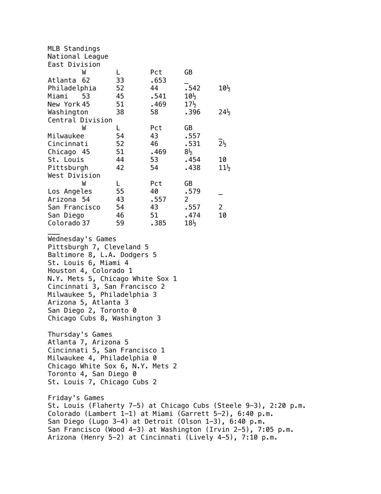 MLB Standings 722 Sports