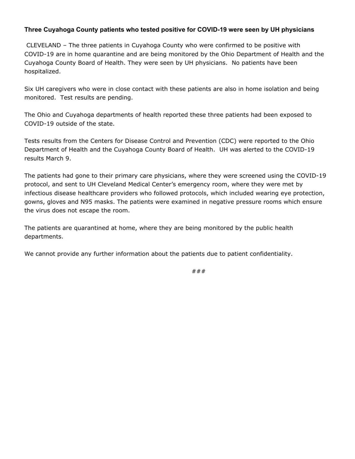 Six University Hospitals Health Care Workers Monitored For