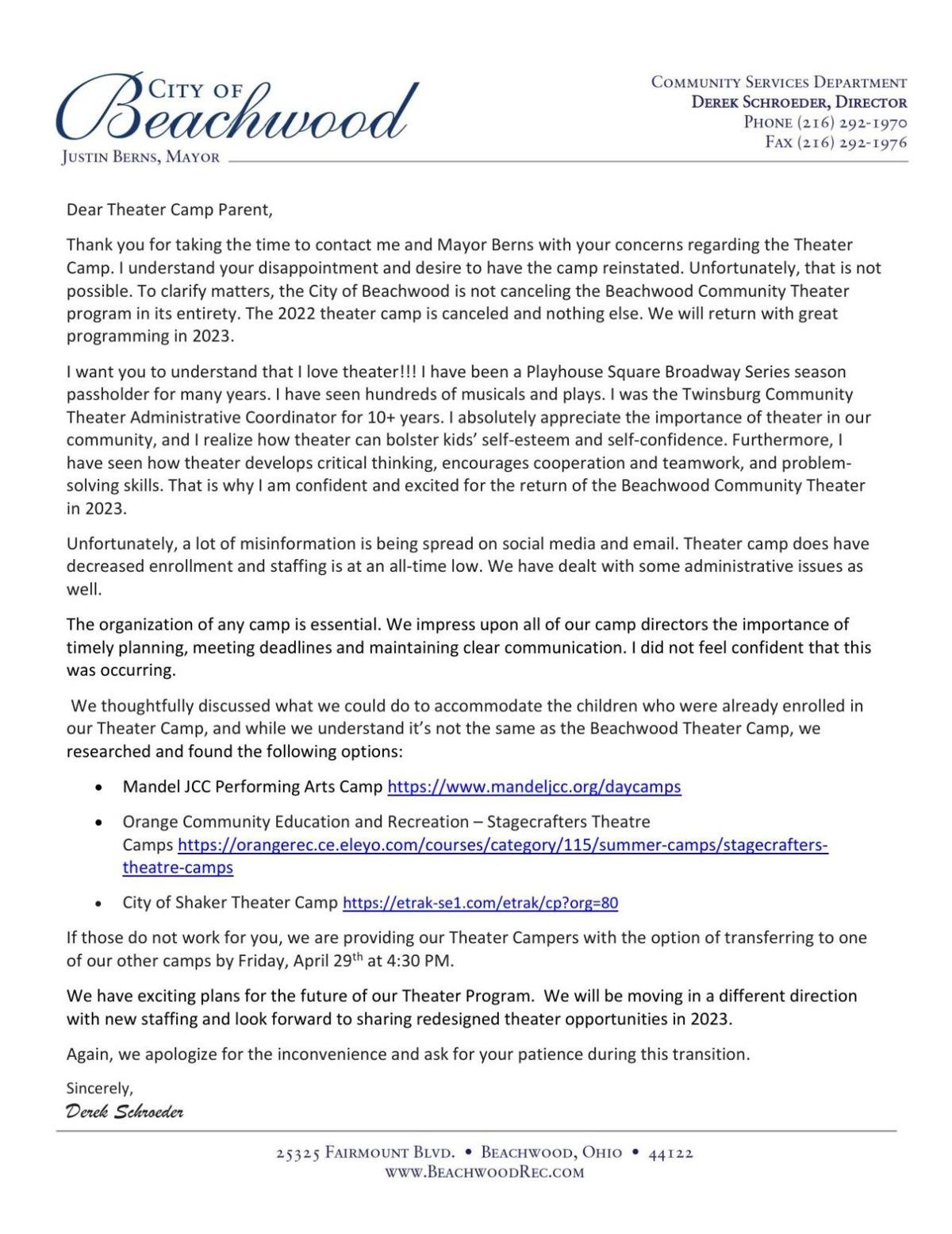READ: Letter from Derek Schroeder