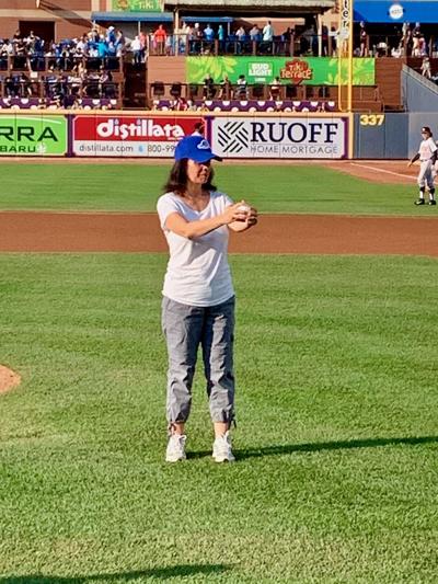 Brenda Schwartz throws first pitch at Akron RubberDucks game