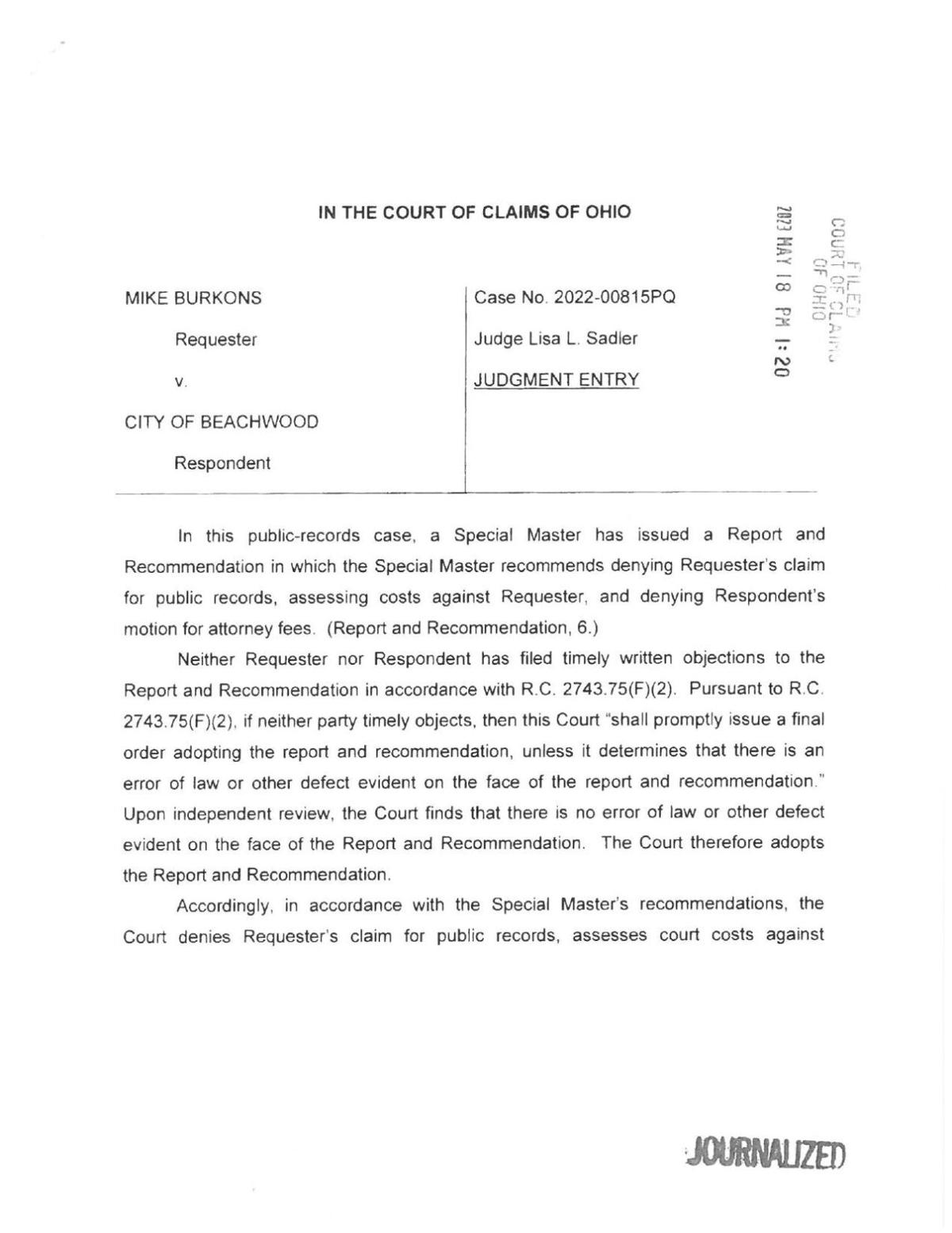 READ May 18 denial of councilman Mike Burkons claim with the Ohio