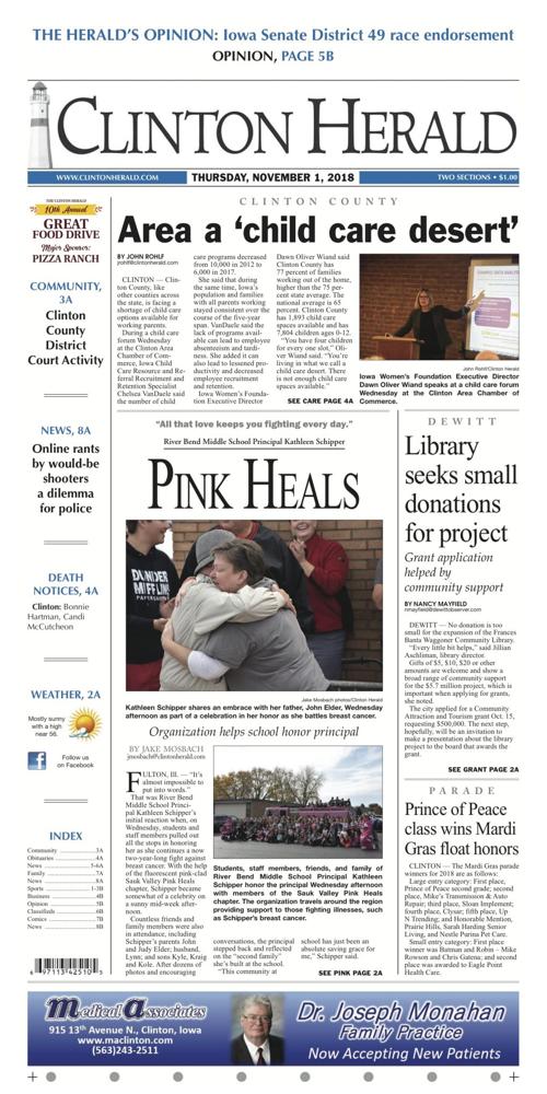 The front page for November 1, 2018