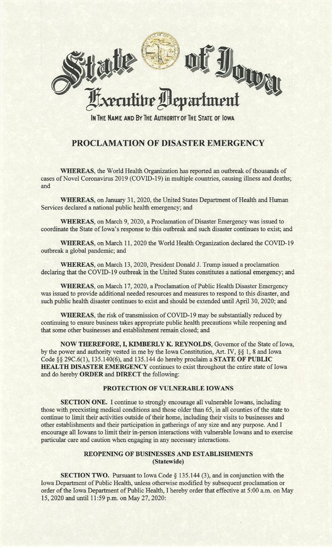 WITH ATTACHED PROCLAMATION Iowa to reopen restaurants