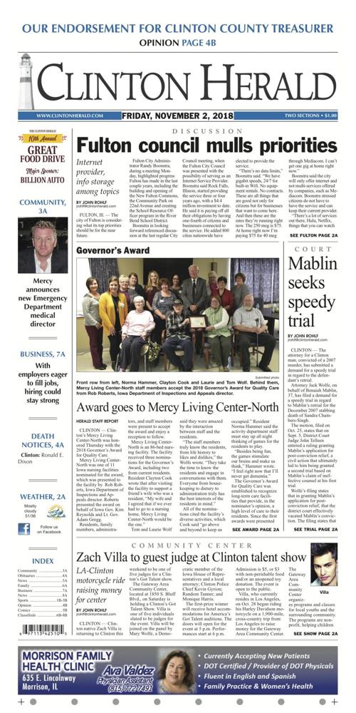 The front page for November 2, 2018