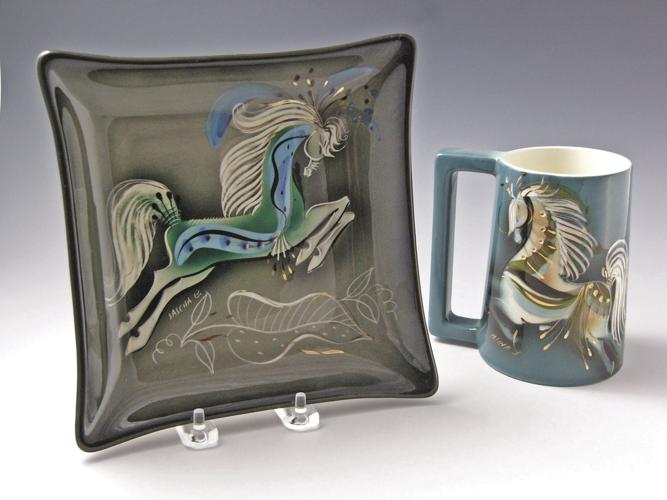 Sascha Brastoff Art Pottery Steed Horse Vase Gray White Green