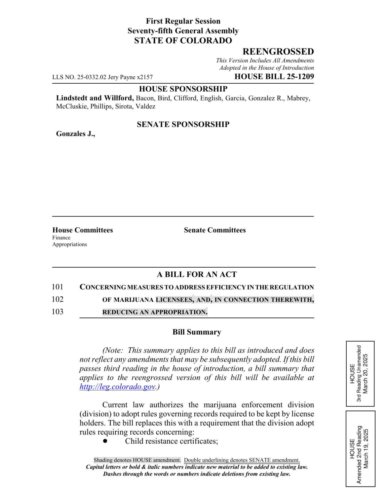 House Bill 25 1209, Marijuana Regulation Streamline Advances to ...