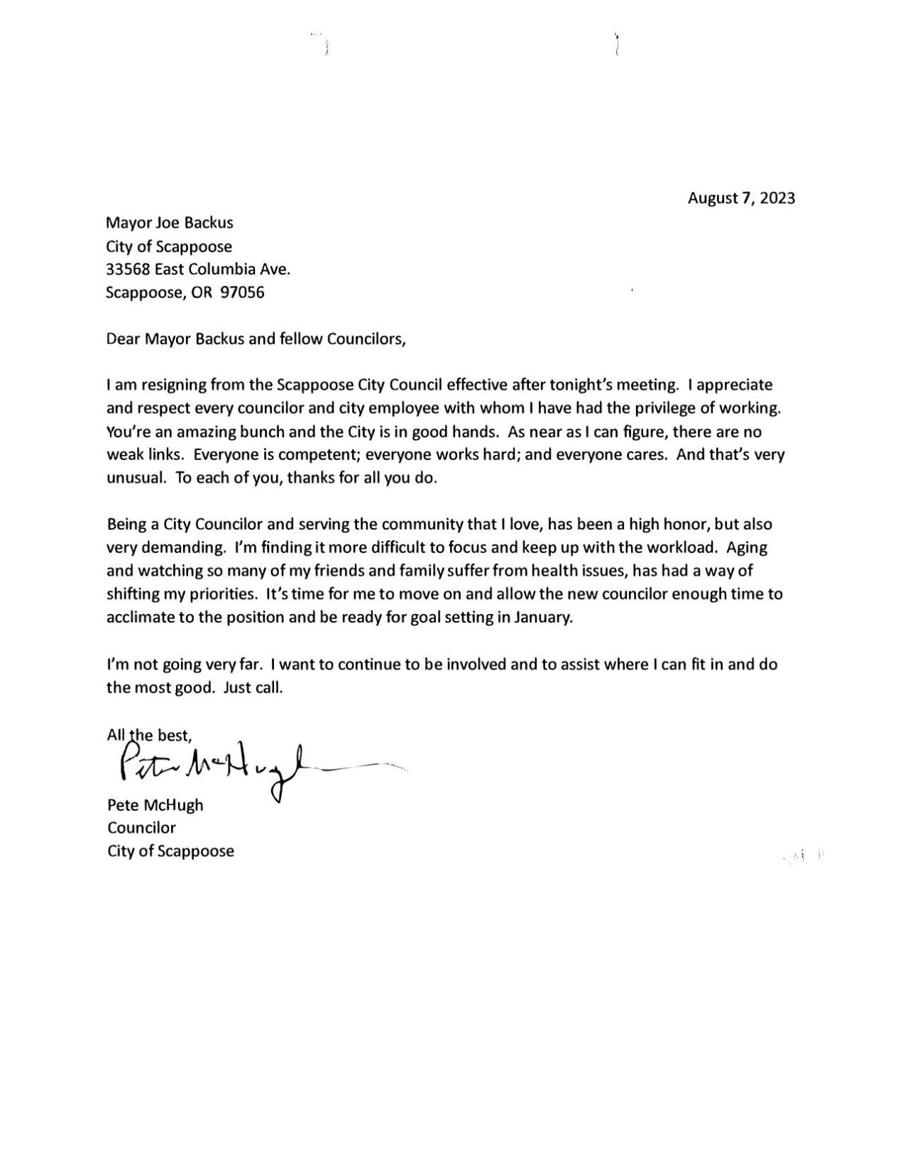 Peter McHugh Resignation Letter | | columbiacountyspotlight.com