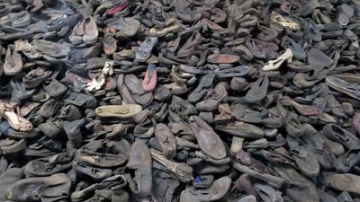 Shoes displayed at Auschwitz-Birkenau in 2018