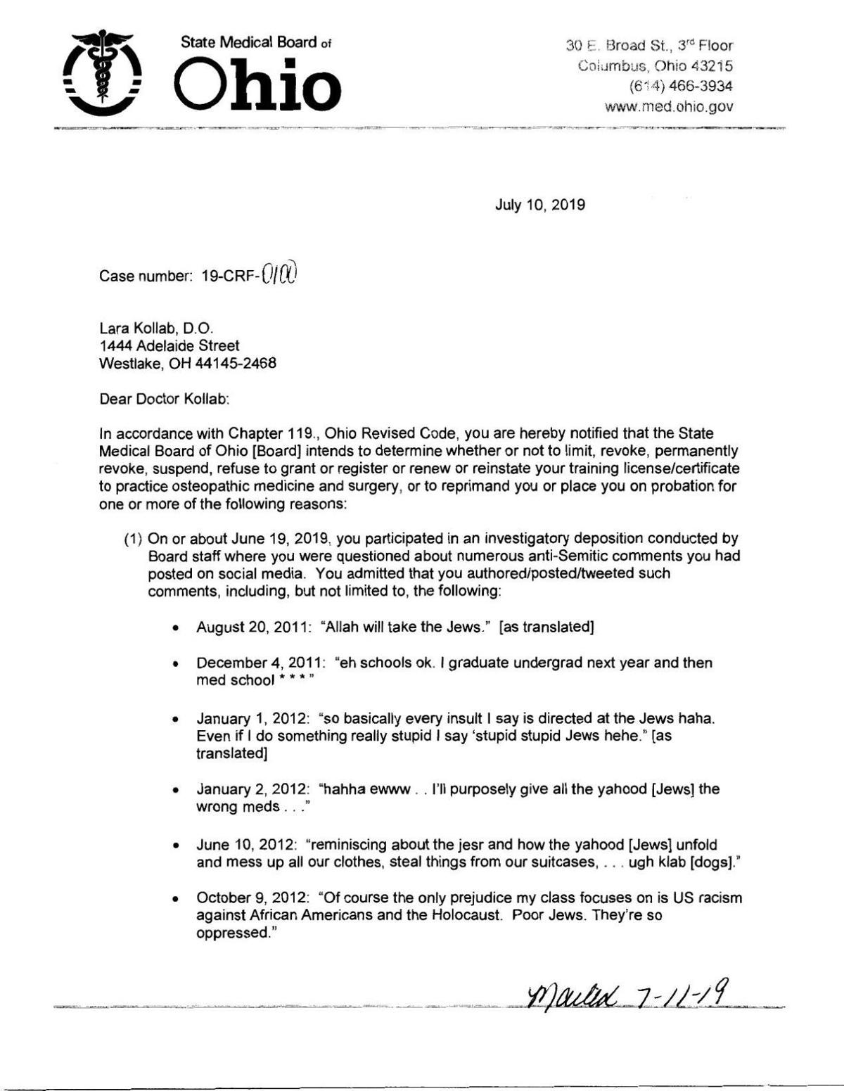 Ohio Medical Board To Discipline Dr Lara Kollab State Columbusjewishnews Com