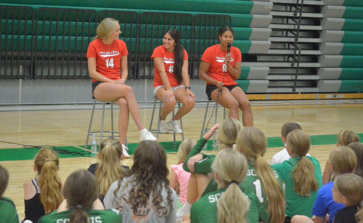 Nebraska volleyball #39 s Rodriguez Orr and Batenhorst work with Columbus