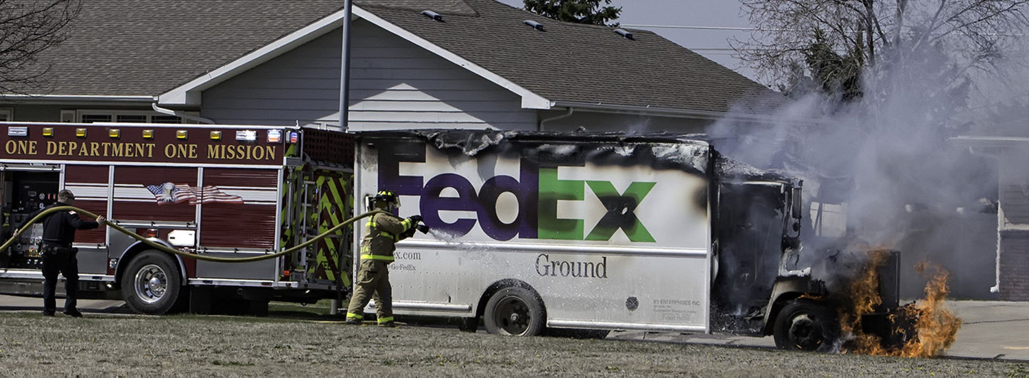 FedEx truck goes up in flames