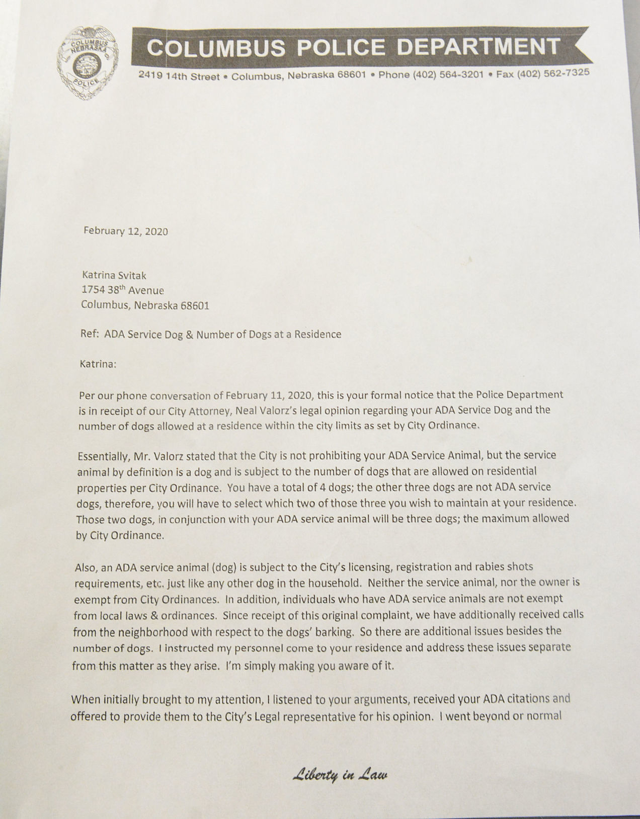 ada service dog letter