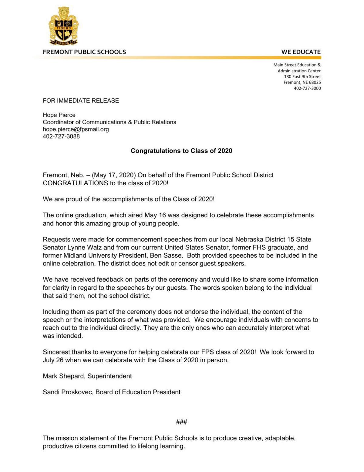 Fremont Public Schools statement on graduation speech &hellip;