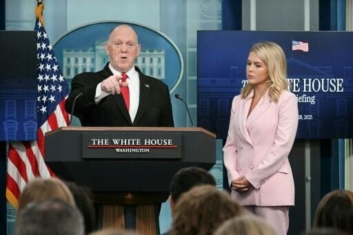 White House 'border czar' Tom Homan speak as White House Press Secretary Karoline Leavitt looks on during the daily briefing in the Brady Briefing Room of the White House in Washington, DC