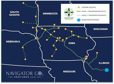 Carbon dioxide pipeline route proposed by Navigator CO2 Ventures