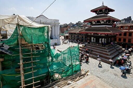 An under-construction heritage structure at Hanuman Dhoka Durbar Square in Kathmandu