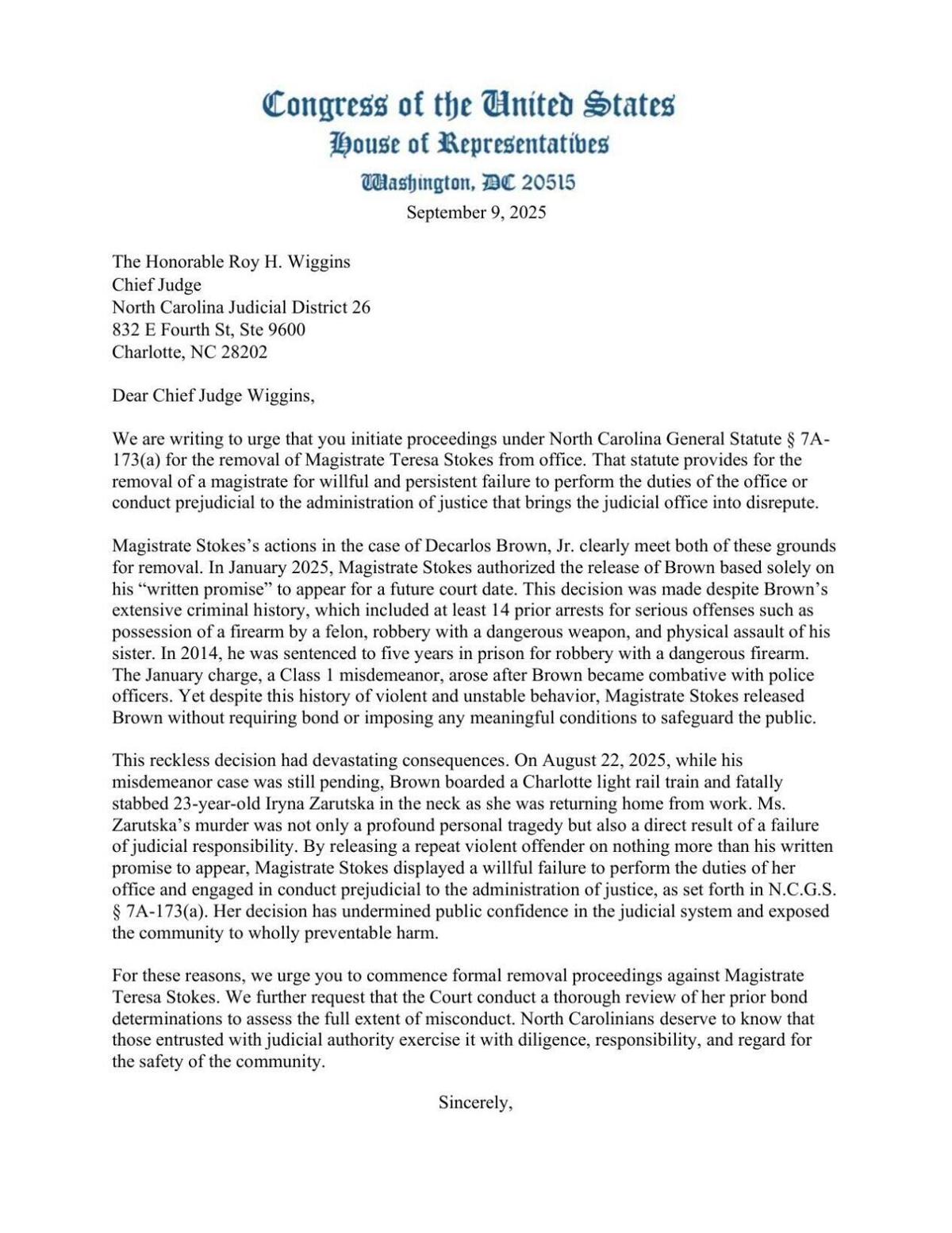 FNF - NC - Letter Tim Moore To NC District Court Re Teresa Stokes Removal