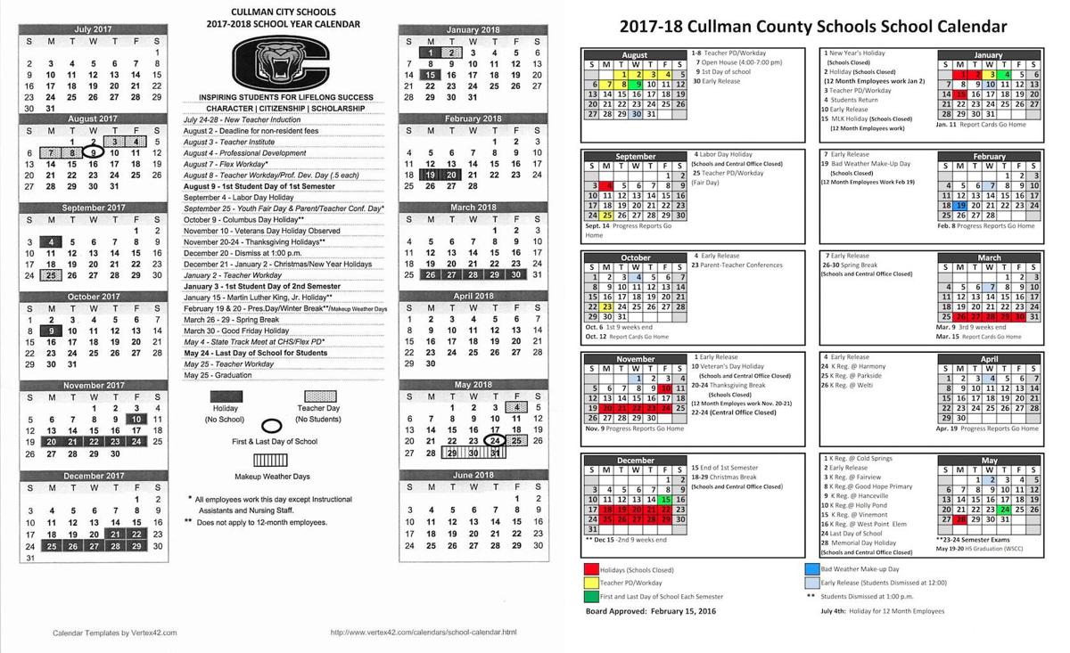 SCHOOL DAYS: 2017-2018 Calendars for Cullman County, City Schools