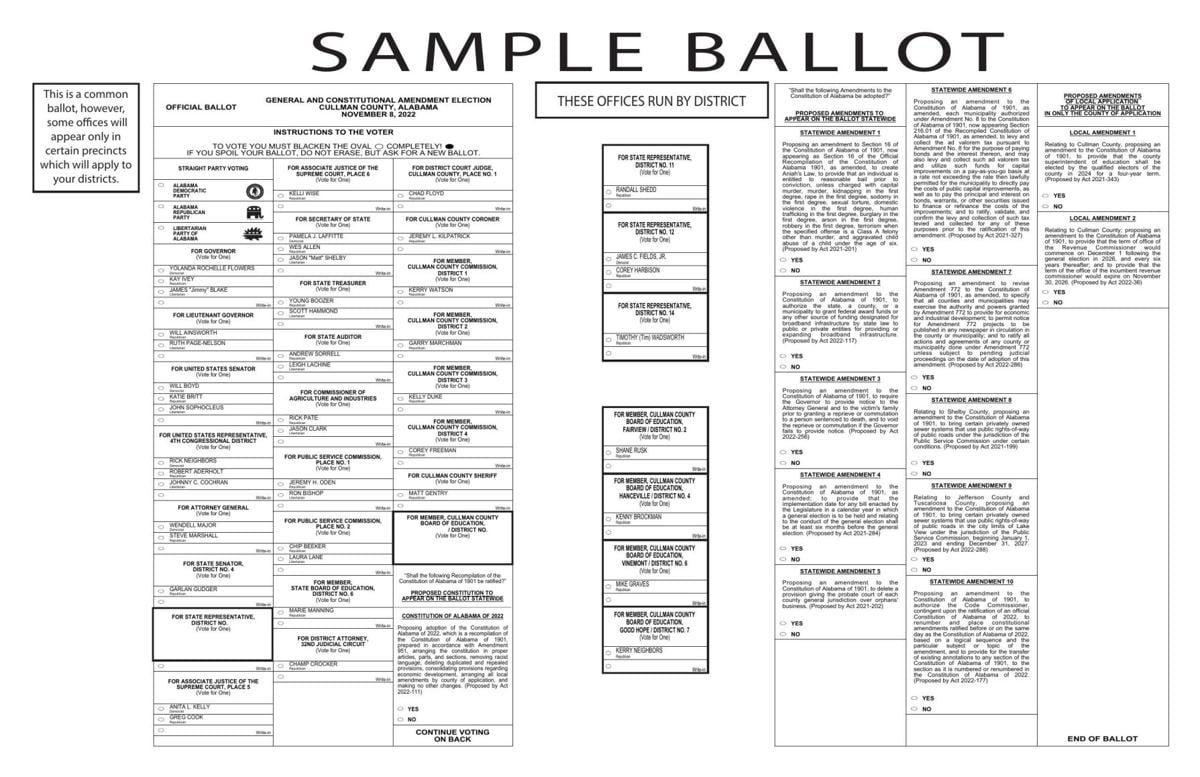 2022 General election Sample ballot