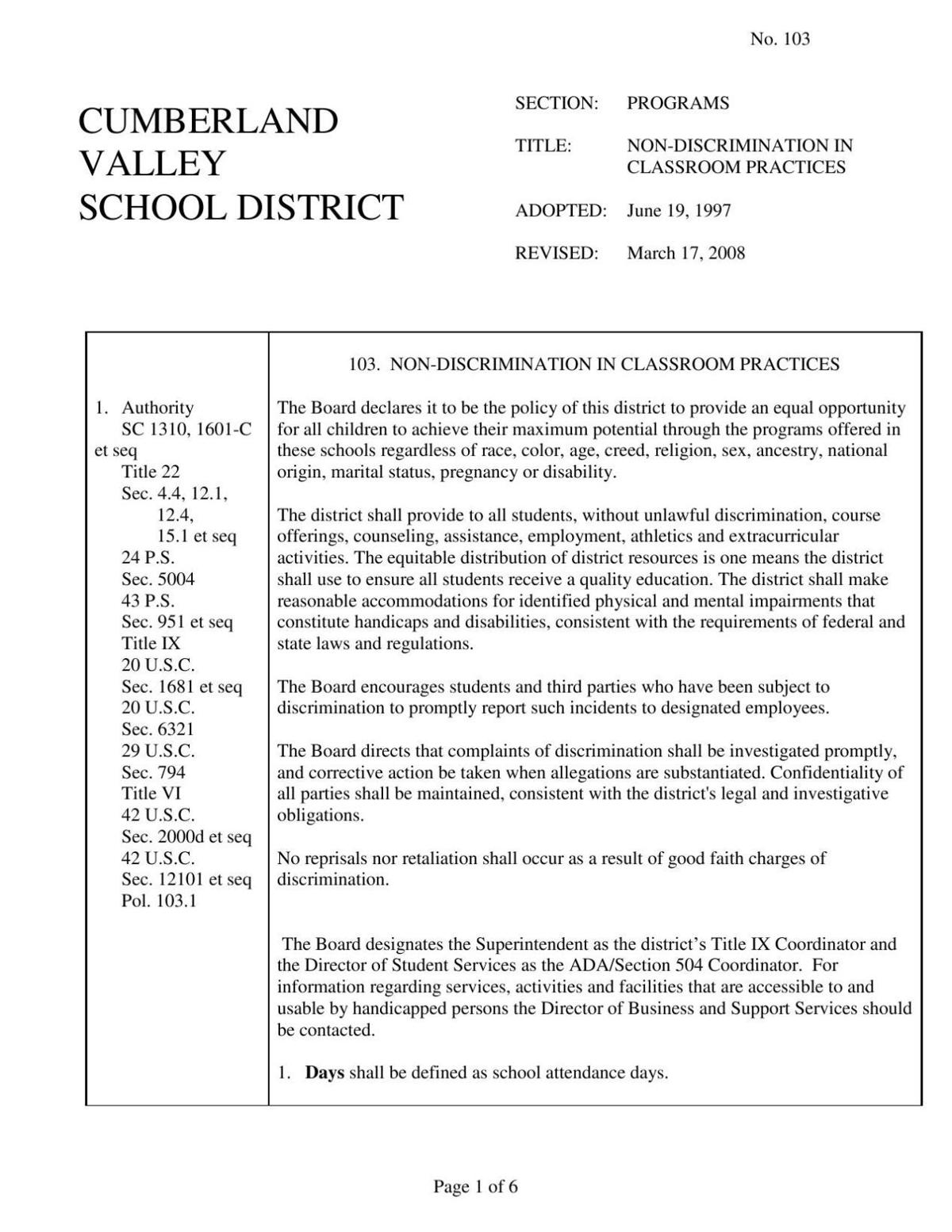 Cv School District Non Discrimination In Classroom Practices