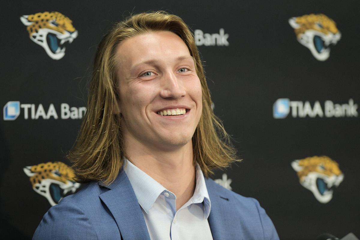 Jacksonville Jaguars No. 1 draft pick Trevor Lawrence appears at Friday afternoon's press conference at TIAA Bank Field.