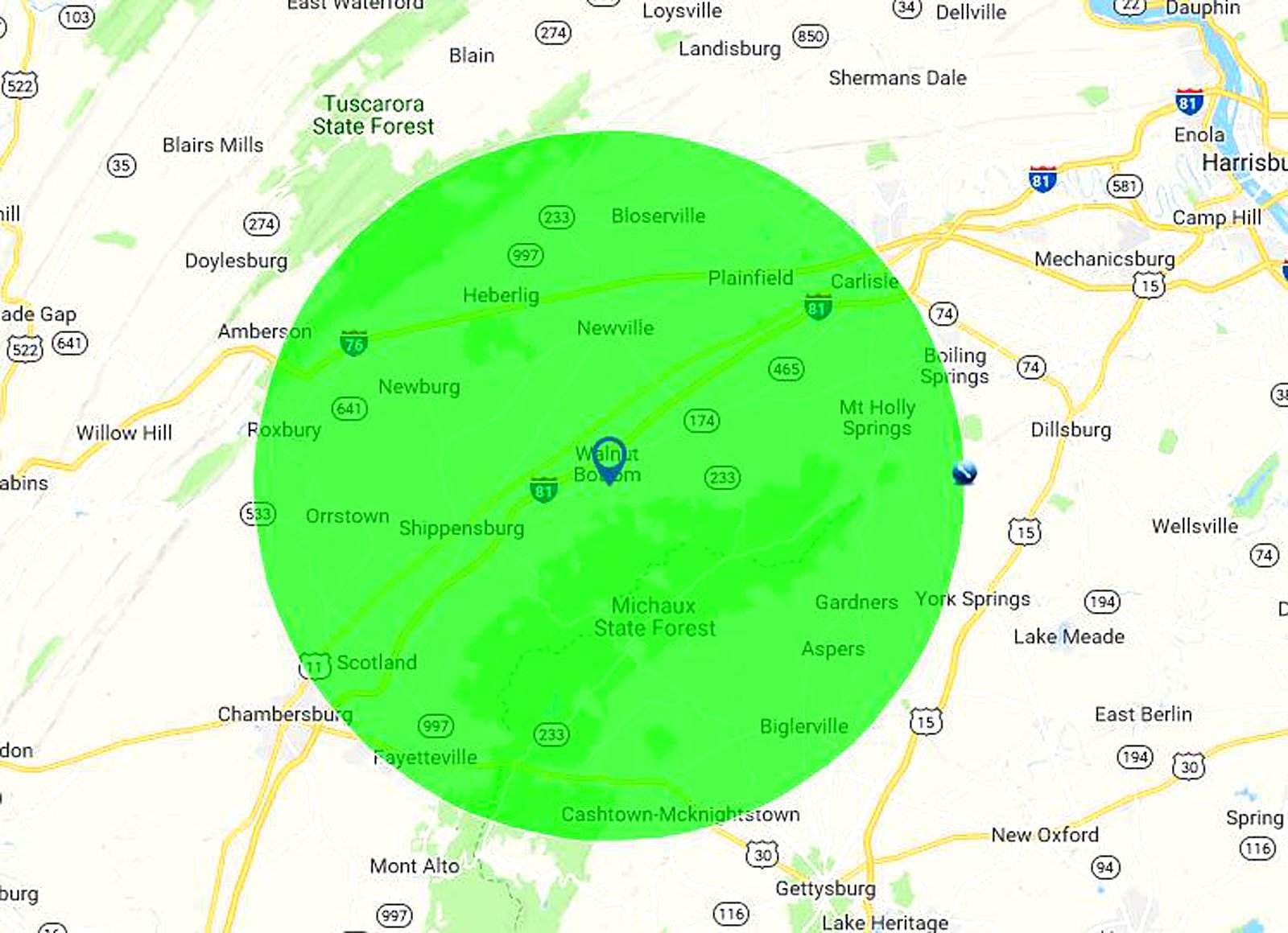 free radius around a point map