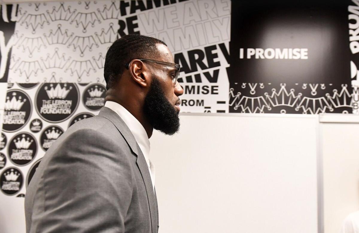 AKRON, OHIO JULY 29 TH 2018- LeBron James prepares for a press conference in a classroom at the I PROMISE School in Akron, Ohio.