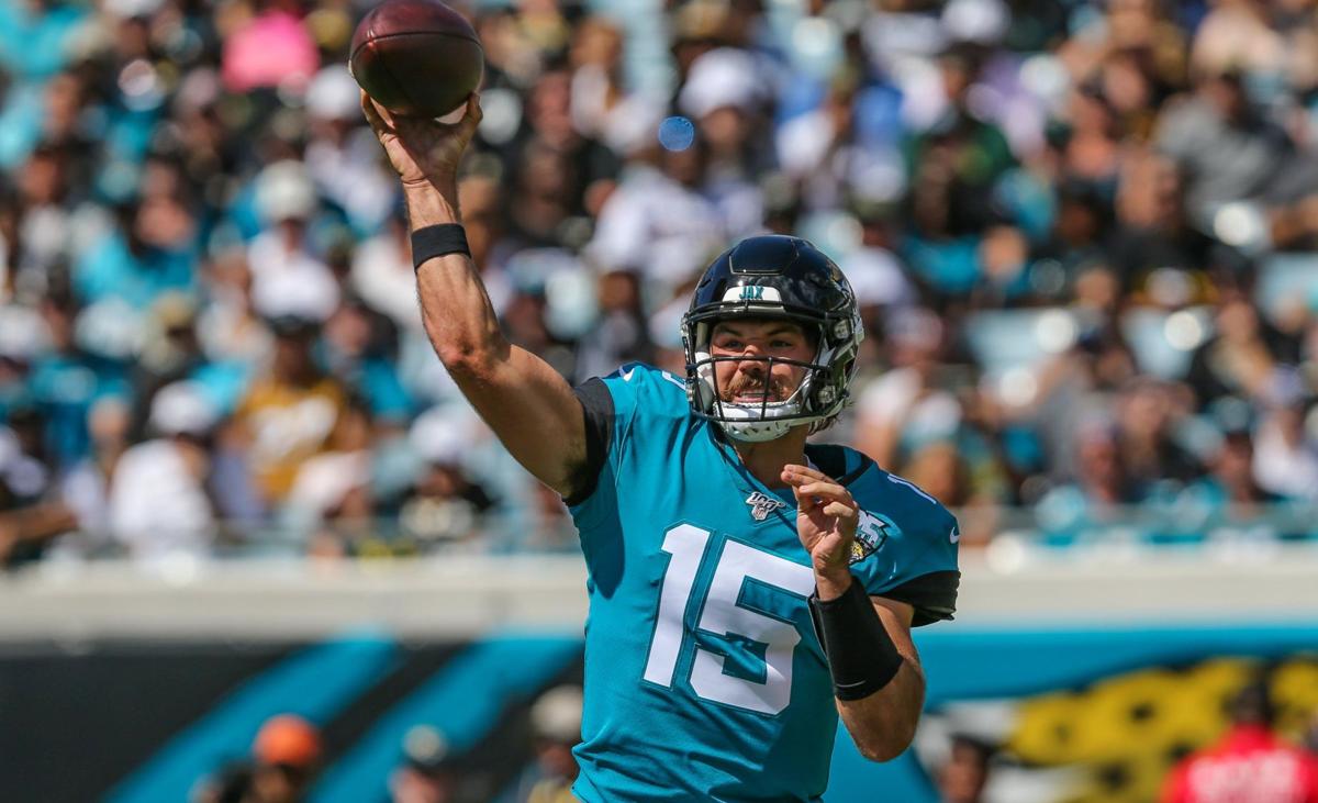 Jacksonville Jaguars quarterback Gardner Minshew (15) throws a pass during the first quarter of an NFL football game against the against the New Orleans Saints at TIAA Bank Field, Sunday, Oct. 13, 2019 in Jacksonville, Fla. Saints won 16-6.