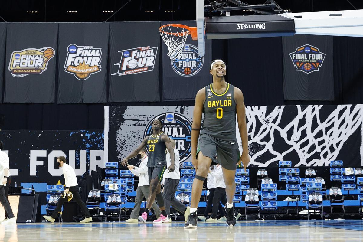 Flo Thamba #0 of the Baylor Bears celebrates after winning the National Championship game of the 2021 NCAA Men's Basketball Tournament against the Gonzaga Bulldogs at Lucas Oil Stadium on April 5, 2021 in Indianapolis, Indiana.
